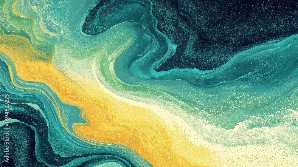 Poster abstract liquid marble background with flowing teal and yellow waves and a stippled texture creating