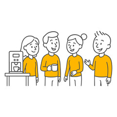 Stick figures. Office people. Friendly conversation of employees gathering during a coffee break at the office.