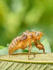 Cicada Molting Shell and Emerging Insect on Leaf with Green Bokeh Background - Nature Metamorphosis Transformation