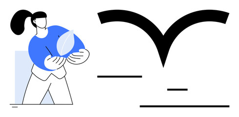 Woman cradles a leaf symbol surrounded by abstract minimal designs, emphasizing eco-awareness, nature, and balance. Ideal for environment, sustainability, nature care, eco-product branding, simple