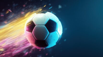 Naklejka premium A classic soccer ball soaring through the air with vibrant pink and yellow light streaks symbolizing speed, power, and the excitement of a major tournament
