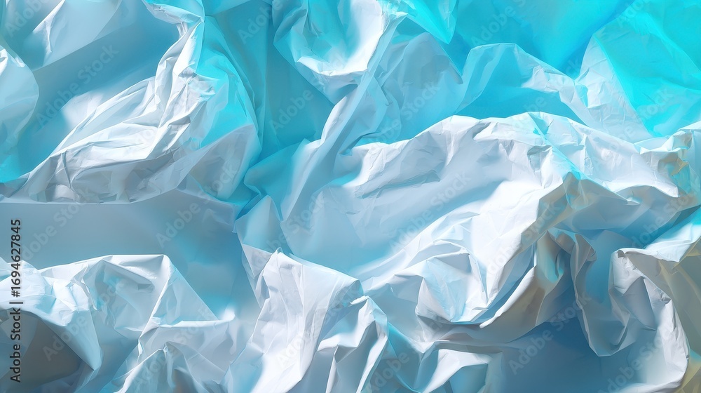 Aufkleber abstract background of crumpled white paper with folds and wrinkles illuminated by cool cyan and blu