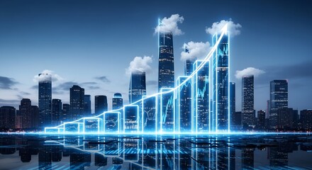 Glowing blue graph showing upward trend over city skyline