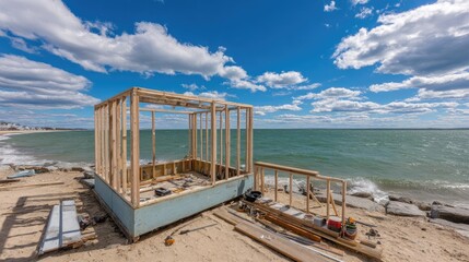 Wooden framing of a beachside structure under construction.
