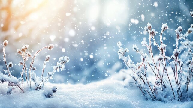 Snowflakes falling on a snowy landscape with a blurred background.