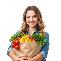 Smiling woman holding grocery bag filled with fresh vegetables on black background