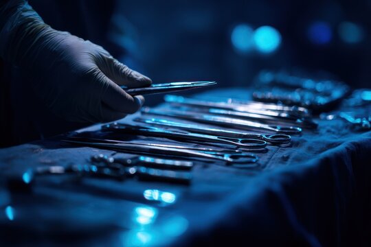 Surgical instruments in a dimly lit operating room
