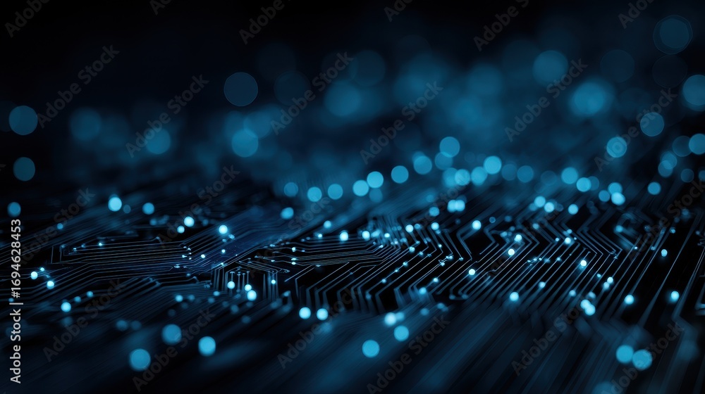 Poster abstract futuristic technology background with a glowing blue circuit board and data nodes represent