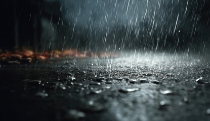 Rain falling on dark pavement at night