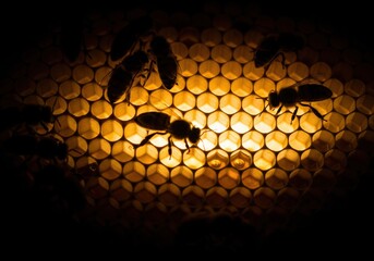 Silhouettes of bees on a glowing honeycomb creating a beautiful abstract pattern in the dark