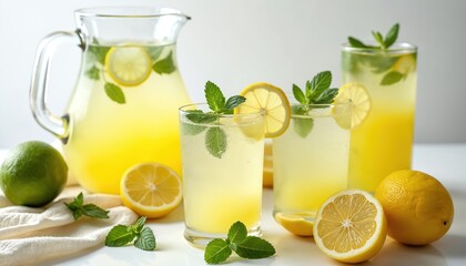 Glass pitcher filled with refreshing homemade lemonade, garnished with mint, lemon slices. Two glasses of cold lemonade ready to serve, plus whole, sliced lemons. Thirst-quenching beverage perfect