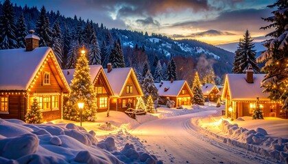 Fototapeta premium 金色のLEDライトが付いた村(ノスタルジックな冬の景色の写真)