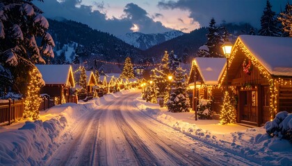 Fototapeta premium 金色のLEDライトが付いた村(ノスタルジックな冬の景色の写真)