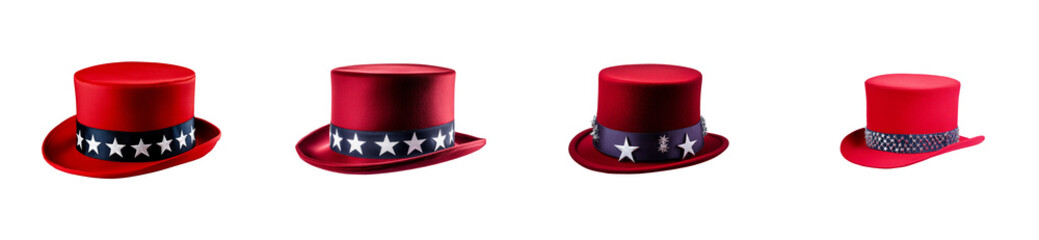 Four red top hats with patriotic star trim in a row, cut out