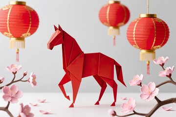 A surreal, simple 3d artwork of a Stylized origami  horse illustration with peach blossoms and lanterns, modern Asian art, white base