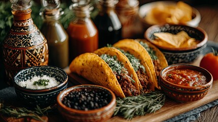 Fototapeta premium Delicious Mexican Tacos with Sauces and Sides