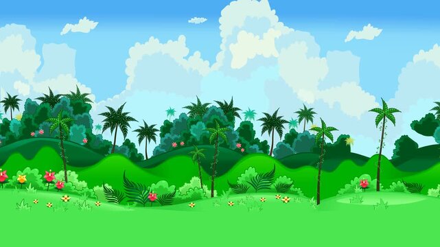 moving cartoon forest background, looping 2d background, parallax effect