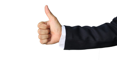 Wearing a long-sleeved shirt, arms extended with the thumbs up and index fingers raised,