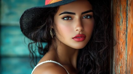 Naklejka premium A woman with long, dark hair wearing a hat, standing in front of a colorful, textured background.