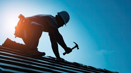 Construction worker on a rooftop, performing a task.