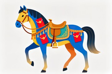 Obraz premium A surreal, simple 3d artwork of Vibrant flat design horse with decorative saddle and red envelopes, holiday concept, white background