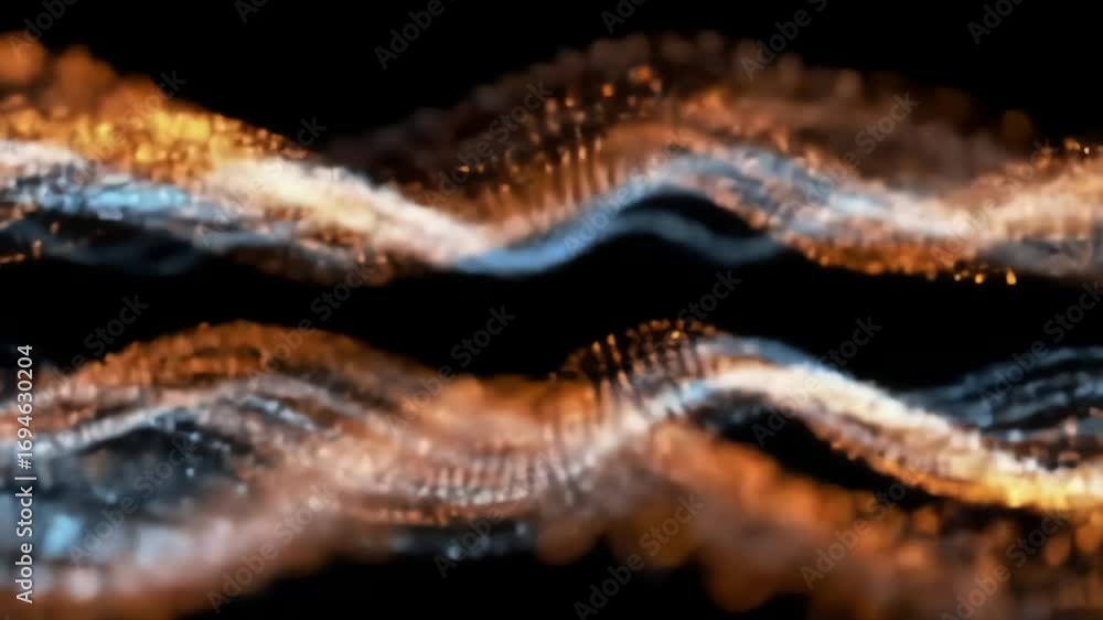 Poster colored illustrative waves of orange and blue particles on a black background with a shallow depth o