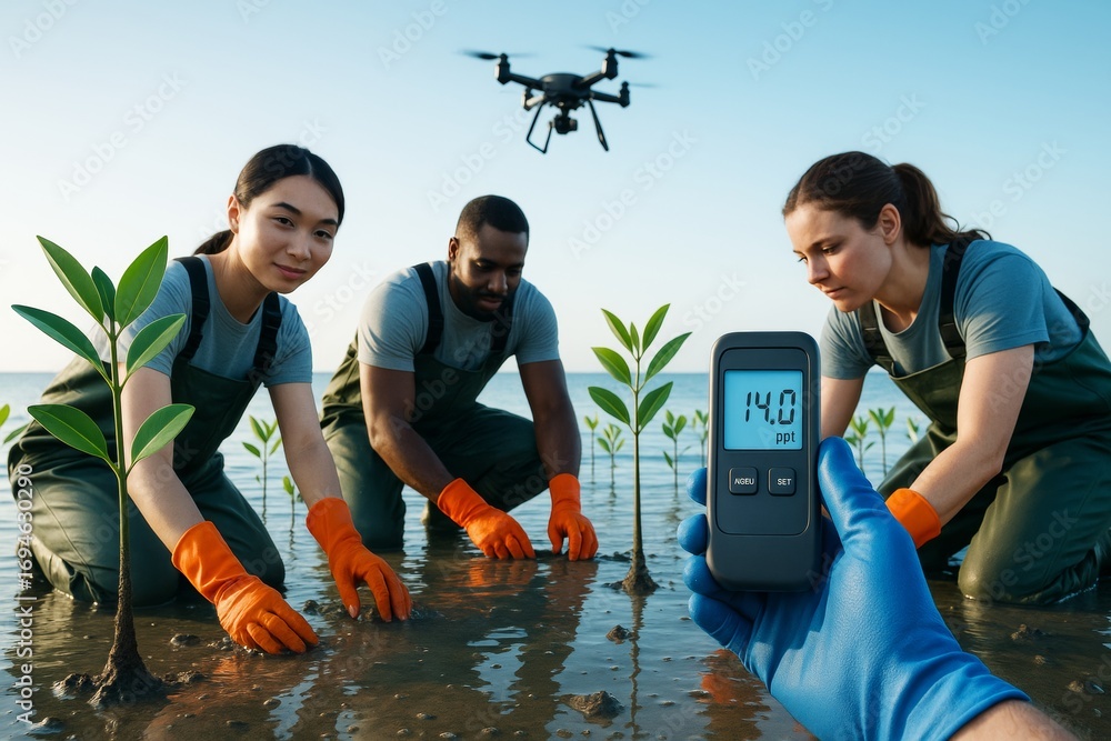 Poster environmental scientists planting mangrove saplings in coastal wetland while monitoring salinity wit