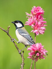 Great Tit Bird Perched on Branch with Pink Blooming Flowers Against Green Background