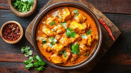 A bowl of chicken tikka masala with garnishes on a wooden table.