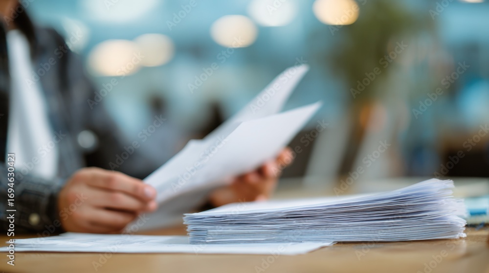 Poster medium shot of an expert reviewing documents related to ethical sourcing policies with focus on hand