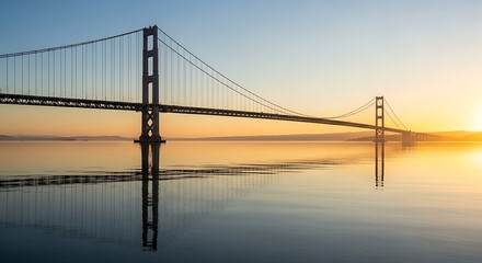 The majestic golden gate bridge bathed in the warm glow of sunrise, reflected in the calm waters of the bay, a symbol of san francisco