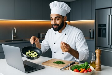Professional chef teaching online cooking class with vegetables and laptop on kitchen counter in modern interior with soft lighting concept. Ai generative