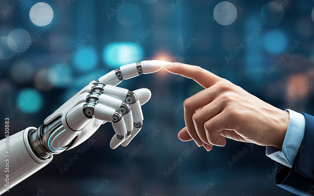 Poster human and robot touch fingertips, symbolizing future connection and artificial intelligence.