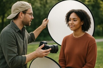 Photographer adjusting lighting with reflector during outdoor portrait session with woman in natural background for creative lighting concept. Ai generative