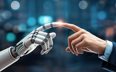 Human and robot touch fingertips, symbolizing future connection and artificial intelligence.