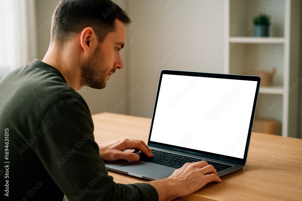 Poster man using laptop with blank white screen at desk in home interior, perfect for mockup or branding pr