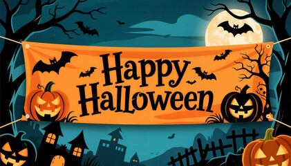 Halloween background with pumpkins, bats and haunted house.