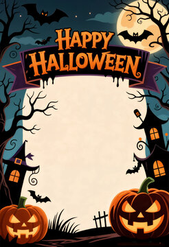 Halloween background with pumpkins, haunted house and bats. 