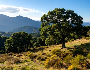 Obraz premium Mountaintop landscape with a large oak tree