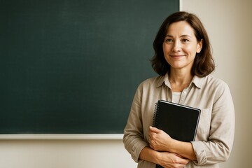 Smiling female teacher holding notebook in front of blank chalkboard background for education, training, or advertising design mockup template. Ai generative