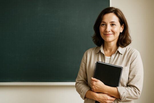 Smiling female teacher holding notebook in front of blank chalkboard background for education, training, or advertising design mockup template. Ai generative