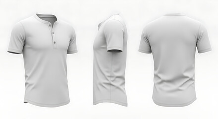 Blank White Henley Shirt Mockup, Front, Side and Back Views