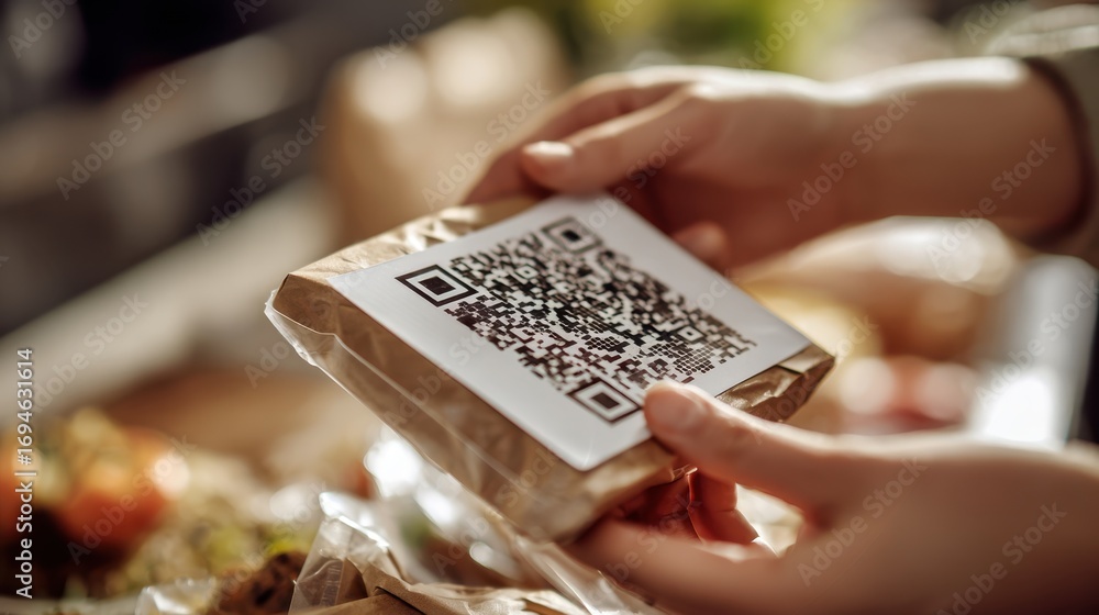 Aufkleber closeup medium shot of a hand scanning a qr code on a food package focus on the code with the user a