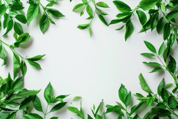 Fototapeta premium Green leaves creating a border on a white background.