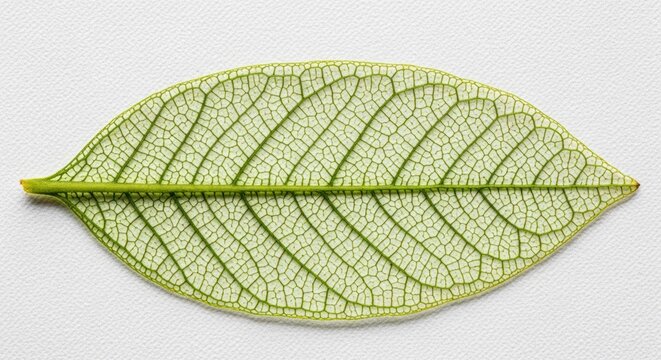 Translucent leaf with intricate vein structure on textured white surface