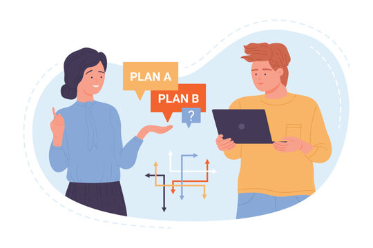 Businessman and businesswoman choose between plan A and B vector illustration. Cartoon man and woman discuss business project and strategy, selecting alternative decision and creative scenario