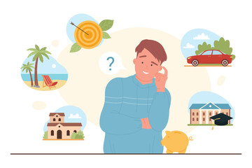 Investment choice vector illustration. Cartoon lucky rich man with piggy bank thinking about choosing to invest in buying family home or car, beach vacation or education, dream of goal achievement