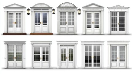 Collection of ornate white double doors with decorative trim.