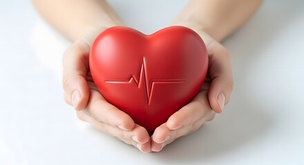 Obraz premium Hands holding a red heart with an electrocardiogram line, isolated on white background