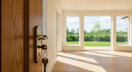 Open door revealing a bright, empty room with large windows overlooking a green lawn, symbolizing new beginnings and opportunities in real estate